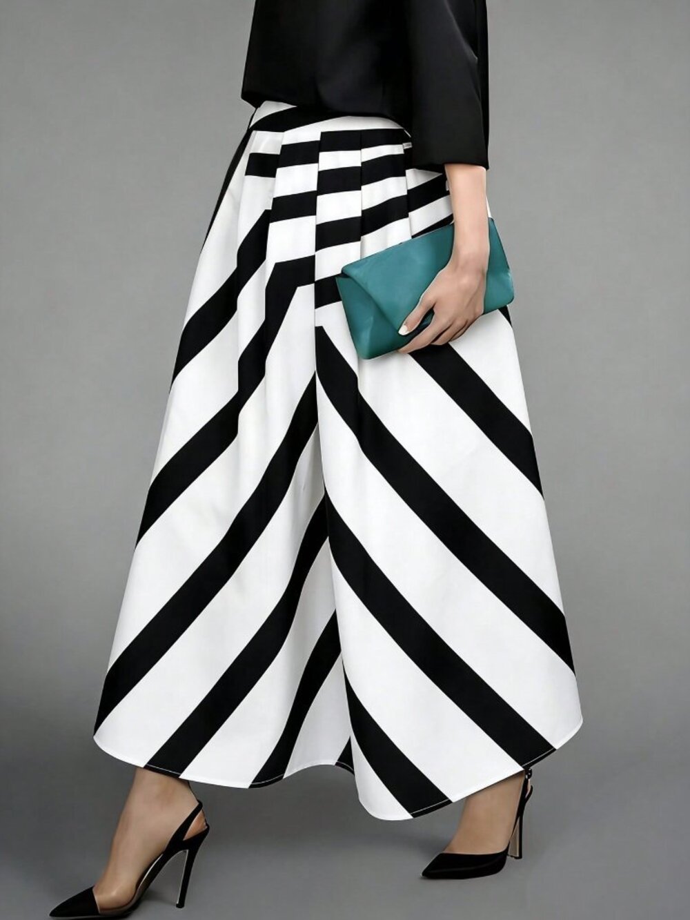 Black And White Casual Women's Loose Fit & Striped Flowy Skirt